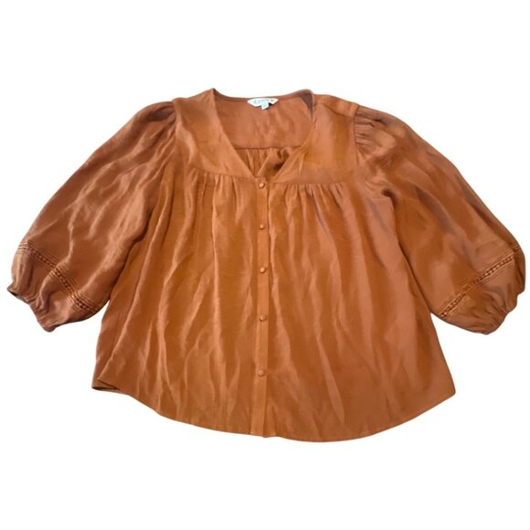 Nanette Lepore Copper Peasant Button-Up Blouse 3/4 Sleeves Large Boho Cottage - Picture 1 of 6